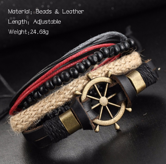 Vintage Ship Rudder Leather Bracelet Hand-Woven Multi-Layer Male And Female Bracelets