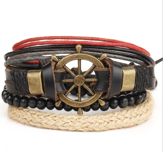 Vintage Ship Rudder Leather Bracelet Hand-Woven Multi-Layer Male And Female Bracelets